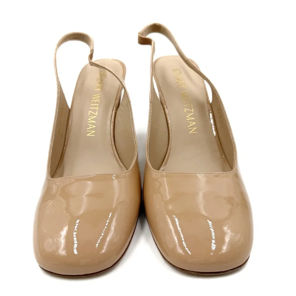 Stuart Weitzman Curveblock 85 Slingback Pumps Beige Patent Leather Heels 10.5